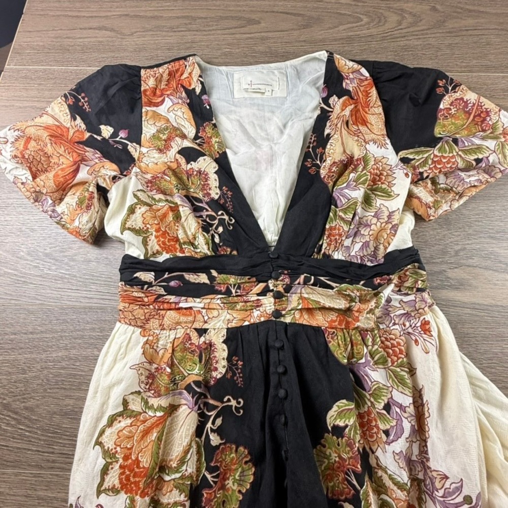 Anthropologie Katerina Button Front Floral Jacquard Dress Neutral Size M Boho - Picture 5 of 16